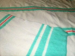 Vintage Green & Red/orange Striped 100 Wool Blanket Reversible 84 " By 66 "