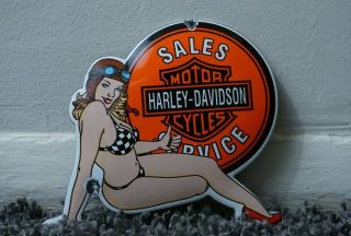 Vintage Harley Davidson Porcelain Sign Gas Oil Metal Station Door Girl Pin Up Hd