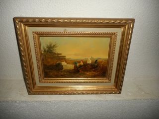 Old Oil Painting,  { Landscape With A Rooster And Chickens,  Is Signed }.