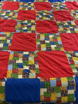 VINTAGE HANDMADE CALICO CHEATER FABRIC PATCHWORK QUILT HAND TIED 2