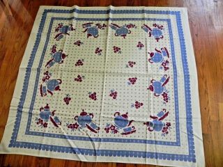 Vintage Tea Bridge Cloth Tablecloth Grapes ? Cherries ? Blue Red 46 " By 48 "