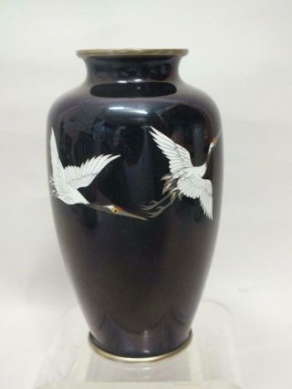 A Japanese Cloisonne Vase With Cranes On A Dark Blue Ground 20thc