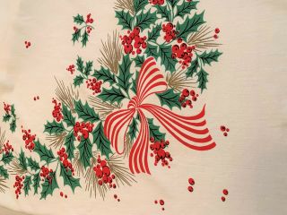 Vintage Christmas Tablecloth Holly & Berries Candy Cane Stripe Bows 68 " X 69 "