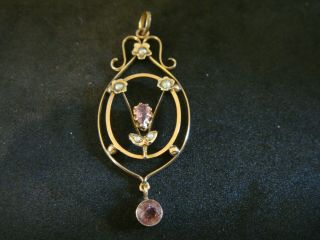 Antique Art Nouveau Pink Toumaline & Seed Pearl 9ct Gold Lavaliere Pendant