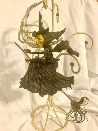 Primitive Handsculpted Halloween Wizard Of Oz Wicked Witch On Broom And Moon