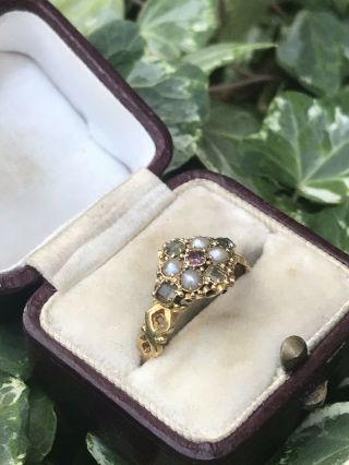 Antique Victorian 18ct Yellow Gold Pearl Ruby Emerald Cluster Ring.