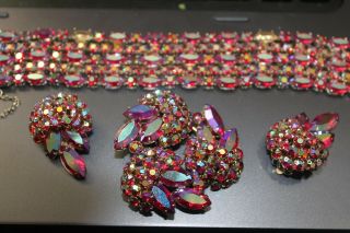 Sherman Siam Red & Ab - 5 Row Semi Rigid Bracelet Cluster Brooch & Earring Set