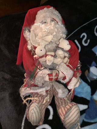 Handmade Primitive Santa Made With Antique Cloth And Fur