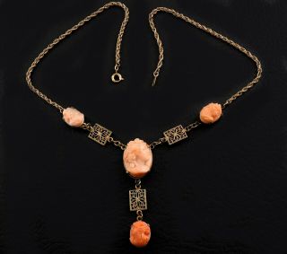 Antique Art Deco Carved Salmon Angel Skin Coral Cameo Gold Filled Necklace