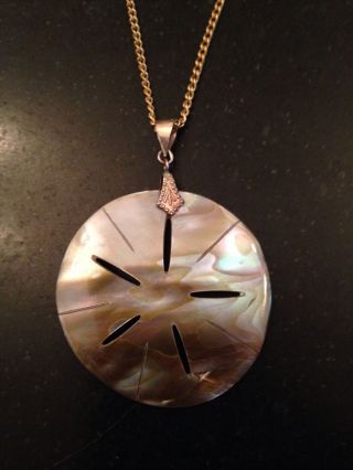 Mother Of Pearl Abalone Sand Dollar Pendant Necklace Marked 925 Sterling Vintage