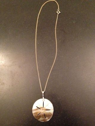 Mother Of Pearl Abalone Sand Dollar Pendant Necklace Marked 925 Sterling Vintage 2