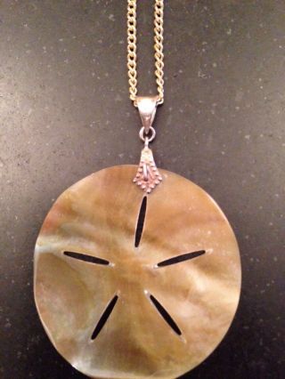 Mother Of Pearl Abalone Sand Dollar Pendant Necklace Marked 925 Sterling Vintage 3