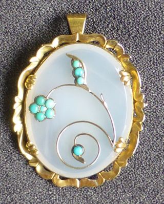 Antique Solid 9k Gold Chalcedony Agate Persian Turquoise Floral Pendant Pin