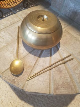 Vintage Chinese Brass Bowl,  Lid,  Spoon & Chop Sticks.