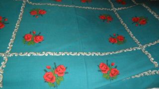Vintage Caribbean Blue Barkcloth Tablecloth W Red Roses - 50 " X 62 " -