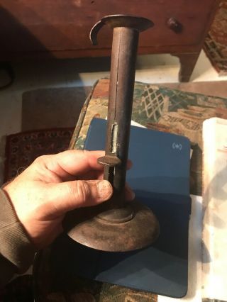18th Early 19th Century Heavy Tin Push - Up Hog Scraper Candle Holder 7 3/4 Tall