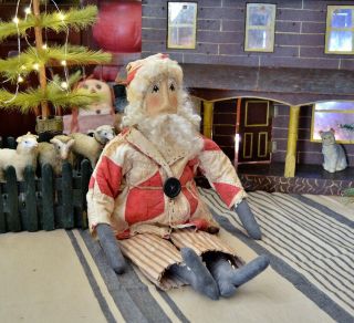 Primitive Handmade Santa Doll In Quilt Coat