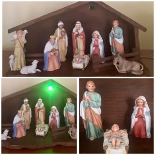 Vintage Large Homco Nativity Set Tree Wise Men,  Jesus,  Light Up Manger Stable