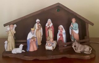 Vintage Large Homco Nativity Set Tree Wise Men,  Jesus,  Light Up Manger Stable 2