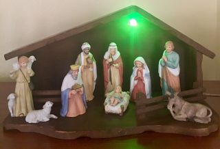 Vintage Large Homco Nativity Set Tree Wise Men,  Jesus,  Light Up Manger Stable 3