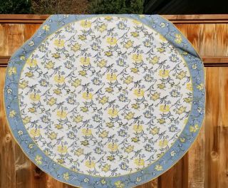 Vintage 1950s Handprint Blue White French Provincial Tablecloth 60 " Round