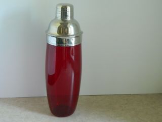 Vintage Ruby Red Blown Glass Cocktail Shaker Martini Mixer Stainless Top Wide