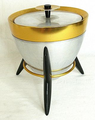 Vintage Mid Century Ice Bucket Rocket Shape Mirro Aluminum Bakelite Stand