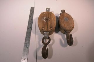 (2) Antique Wood & Iron Single Block Pulleys 4 1/8 " And 3 5/8 " Wood Block Ht