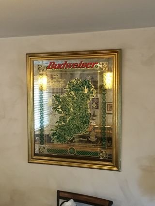 Large Vintage Bar Room Budweiser Beer Mirror Map Ireland Sign 27 X33 Man Cave
