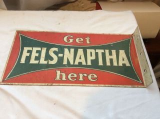 Vintage Double Sided Fels - Naptha Soap Gas Oil Farm Embossed Metal Flange Sign