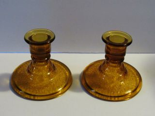 Pair Vintage Amber Glass Candle Stick Holders Unusual Design In Base
