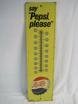 Vtg Pepsi - Cola Metal Thermometer " Say Pepsi Please " Embossed Advertising Sign