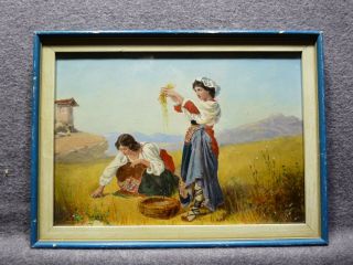 Vintage Oil Painting Of Two Italian Or Greek Girls In A Field