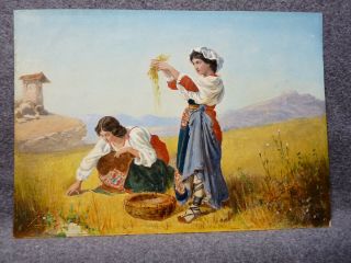 Vintage Oil Painting Of Two Italian Or Greek Girls In A Field 2
