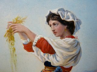 Vintage Oil Painting Of Two Italian Or Greek Girls In A Field 3