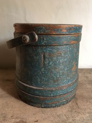 Best Early Antique Old Blue Painted Firkin Lidded Bucket Wooden Aafa Patina