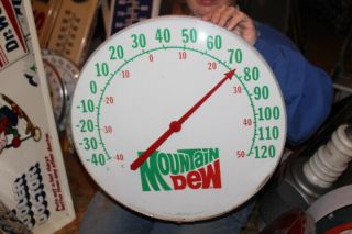 Large Vintage Mountain Dew Soda Pop Gas Oil 18 " Metal & Glass Thermometer Sign