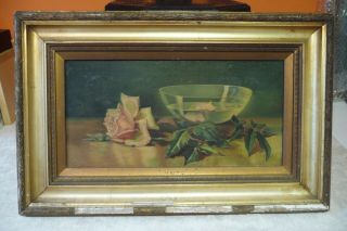 Antique Oil Painting In Gold Frame.  Still Life With Rose.