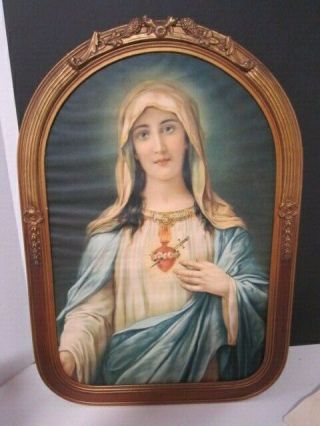 Vintage Gold Wood Framed Mary Mother Of Jesus - Sacred Heart Picture