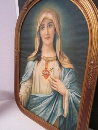 VINTAGE GOLD WOOD FRAMED MARY MOTHER OF JESUS - SACRED HEART PICTURE 2