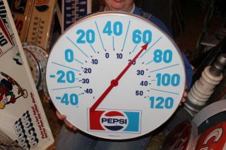 Large Vintage Pepsi Cola Soda Pop Gas Oil 18 " Metal & Glass Thermometer Sign