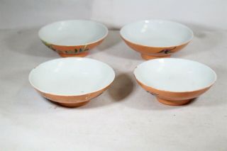 4 Vintage Chinese Porcelain Flowers Bird Leaves Orange Rice Bowls Signed