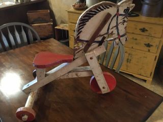 Antique Primitive Wood Folk Art Childs Horse On Wheels 2