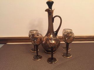 Toscany Smoke Brown Crystal Wine Decanter W/ (5) Cocktail Glasses Gold Floral