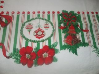 Large 92 X 61 Vtg Christmas Tablecloth Trees Wreaths Ornaments Candy Jars