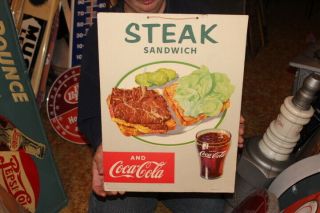 Vintage 1953 Coca Cola Steak Sandwich Soda Pop Restaurant 17 " Sign