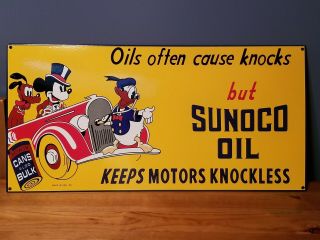 Vtg Sunoco Motor Oil Porcelain Sign With Disney 