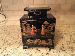 Vintage Black Lacquer Hand Painted Jewelry Box Pretty