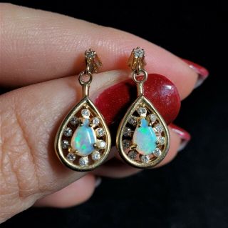 Vintage Diamond Opal 14k Yellow Gold Earrings Drops Dangle Posts Estate Retro