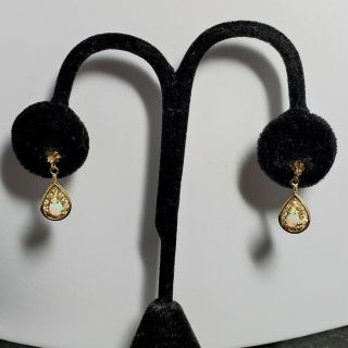 Vintage Diamond Opal 14k Yellow Gold Earrings Drops Dangle Posts Estate Retro 2